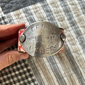 Red Leather Cuff Bracelet with Metal Plate